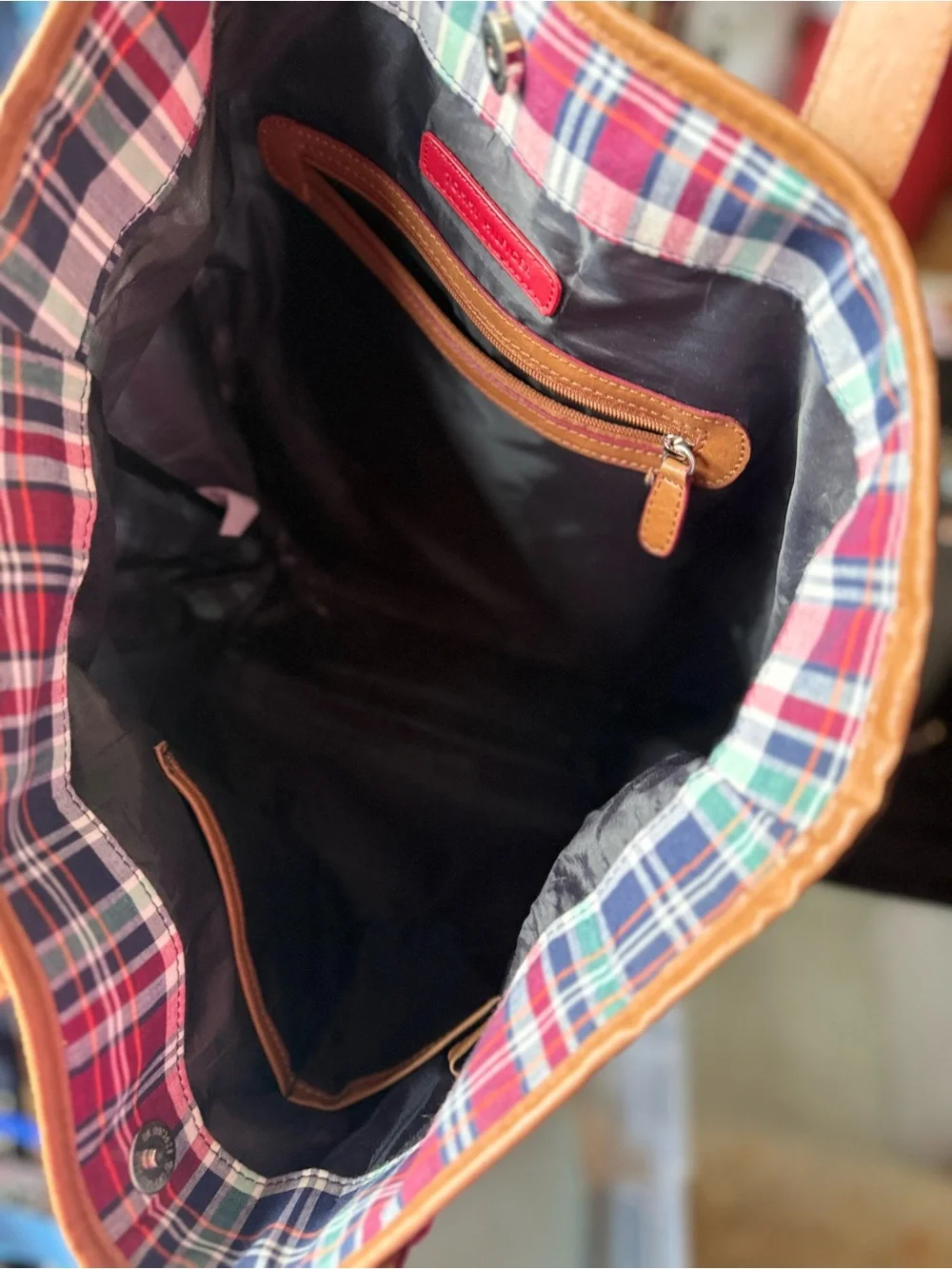 Tommy Hilfiger Plaid Tote Bag with Brown Leather Handles